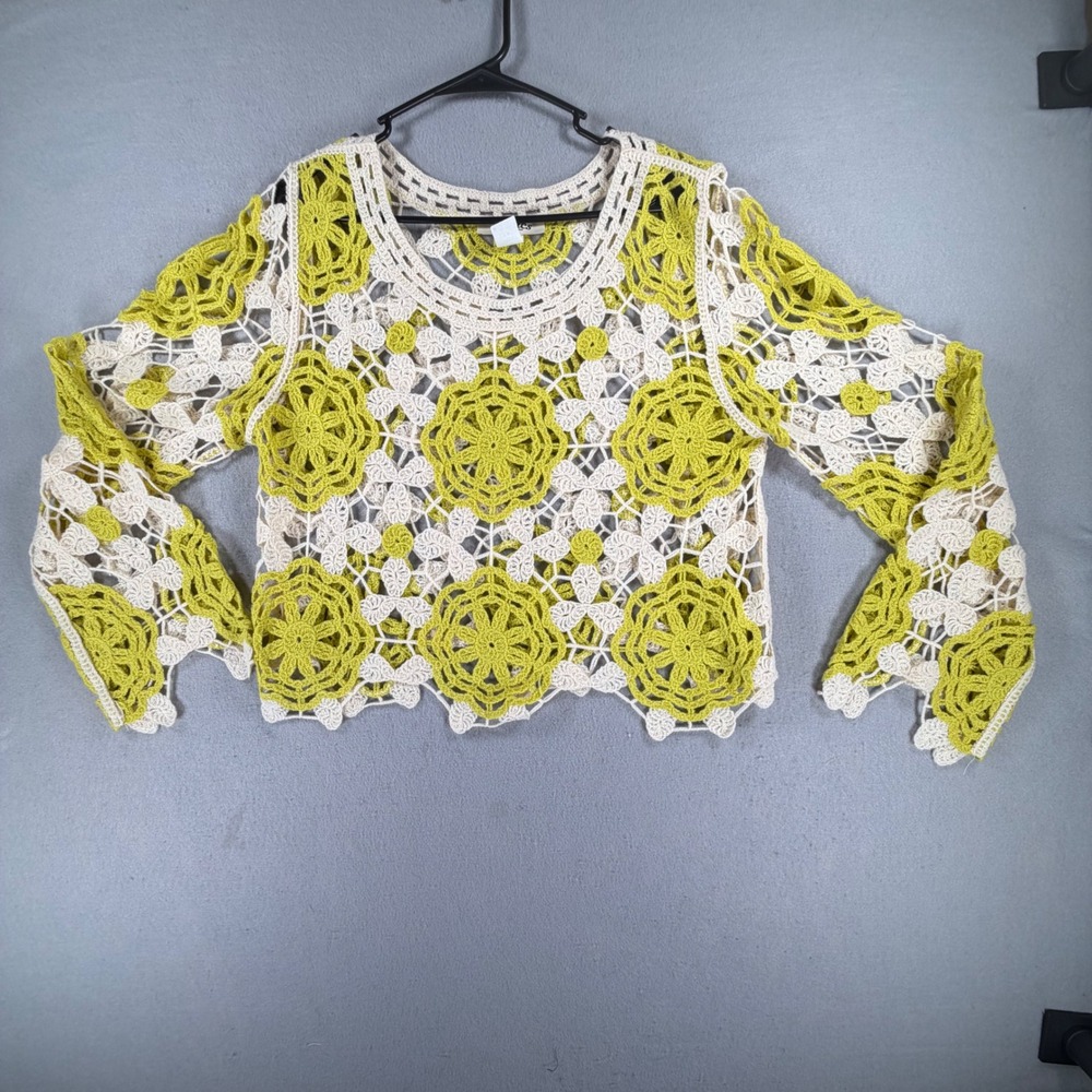 Haptics By Holly Harper Women L Crochet Top Chartreuse Cream Floral Boho Style